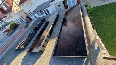 Solar panels on flat roof with garden view